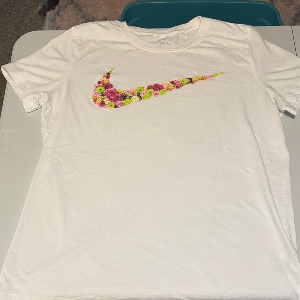 Nike White Tee with Floral Swoosh